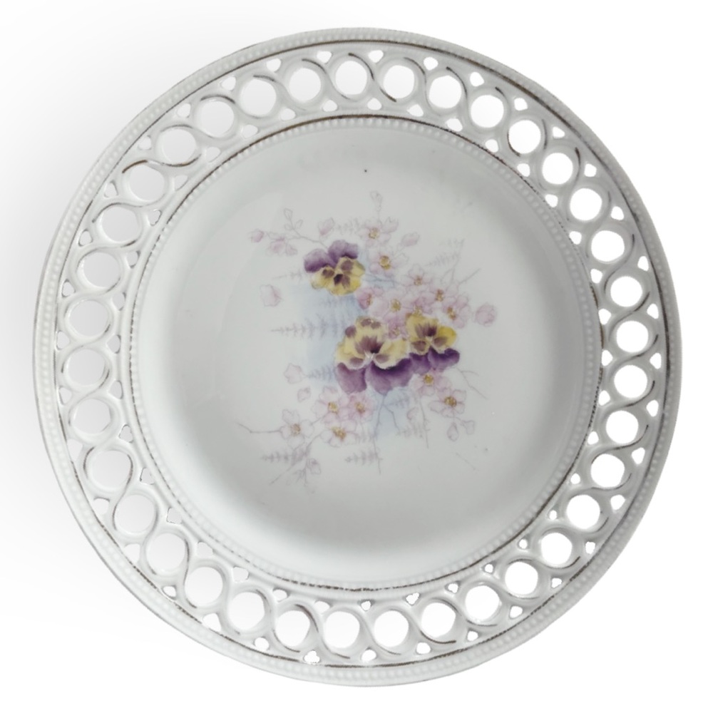 Antique Hand Painted Flowers on Porcelain Lattice Edge Dessert Plate BEAUTIFUL